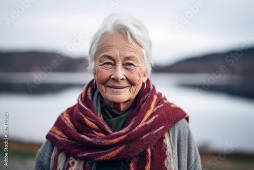 Portrait of a senior woman wearing scarf and looking at camera.