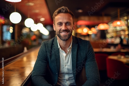Portrait of a smiling man sitting in a cafe and looking at camera