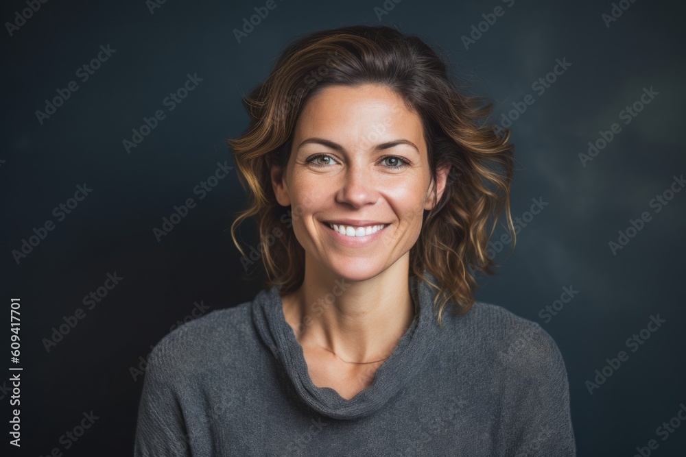Portrait of smiling woman on black background against grey vignette Portrait of smiling woman on black background against grey vignette
