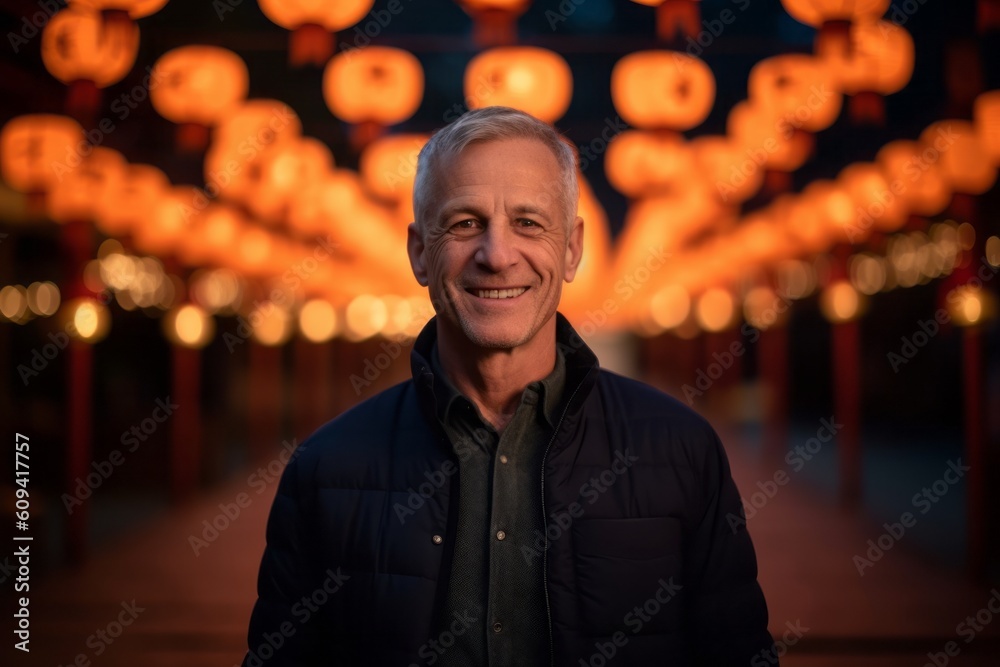 Fototapeta premium Portrait of a happy senior man standing in the street at night