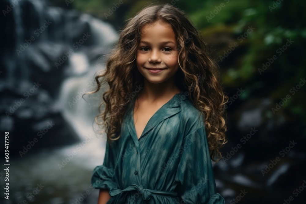 Portrait of a beautiful little girl with long curly hair in a green dress on a background of a waterfall Portrait of a beautiful little girl with long curly hair in a green dress on a background of a waterfall