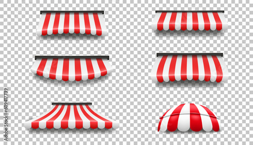 Shop awning, red roof canopy, stripe tent for market, store or restaurant different shapes, vintage sunshade front. Building exterior 3d isolated elements. Vector realistic illustration
