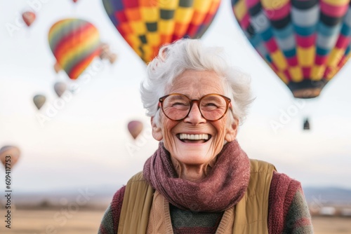 Portrait of smiling senior woman in eyeglasses at hot air balloon festival