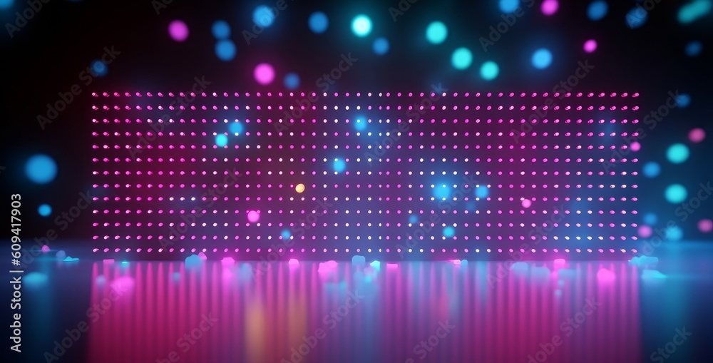 3d render, abstract background, glowing dots, screen pixels, neon lights, virtual reality, pink blue spectrum, vibrant colors, fashion podium, laser show, isolated on black, floor, Generative AI