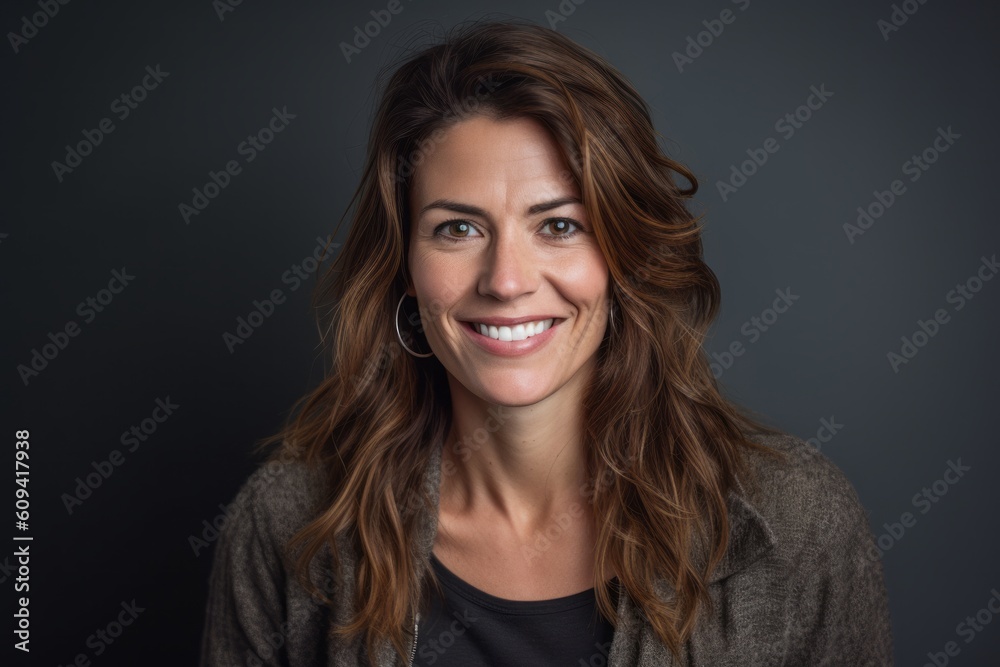 Portrait of a beautiful woman with long brown hair on a gray background Portrait of a beautiful woman with long brown hair on a gray background