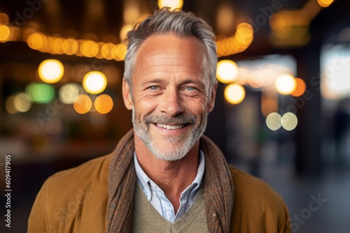 Portrait of a handsome mature man smiling at camera in a pub