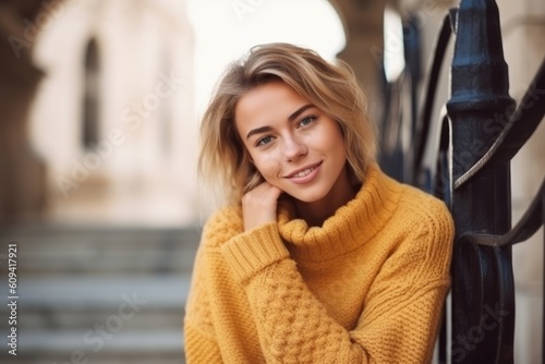 Outdoors portrait of beautiful young woman with blond hair in yellow sweater