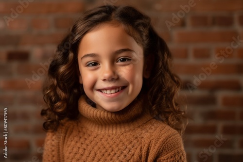 Portrait of a smiling little girl with curly hair against brick wall