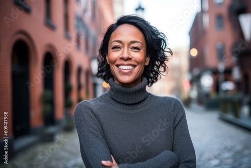 Portrait of a smiling woman standing with arms folded in the city