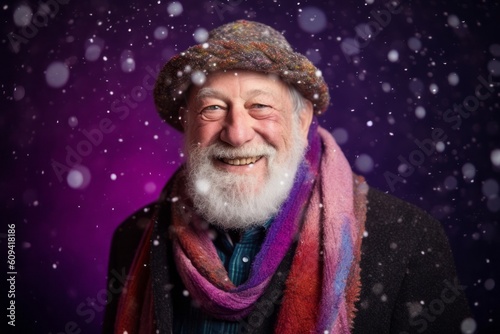 Portrait of an old man with a gray beard and a colorful scarf on a purple background.