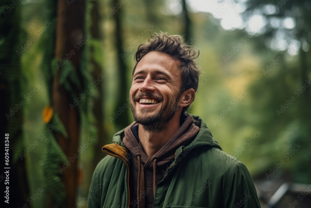 Close-up portrait photography of a pleased man in his 30s that is wearing a cozy sweater against a rainforest canopy or treetop background . Generative AI