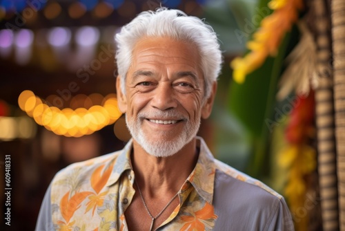 Medium shot portrait photography of a pleased man in his 60s that is wearing a chic cardigan against a hawaiian or polynesian background . Generative AI