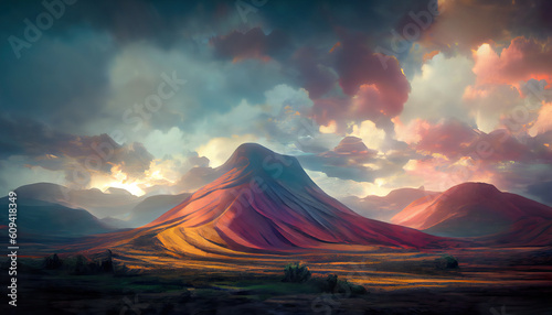 Peak splendor. Towering mountain massifs amidst the pink sunrise sky on the emerald plains. AI-generated
