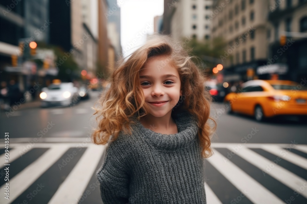 Cute little girl with long curly hair in a gray sweater walks along the street in New York City.
