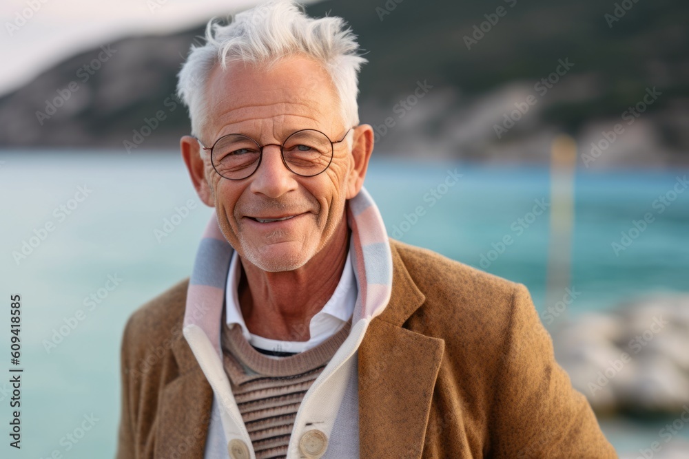 Medium shot portrait photography of a satisfied man in his 80s that is wearing a chic cardigan against a lagoon or hidden beach background . Generative AI Medium shot portrait photography of a satisfied man in his 80s that is wearing a chic cardigan against a lagoon or hidden beach background . Generative AI