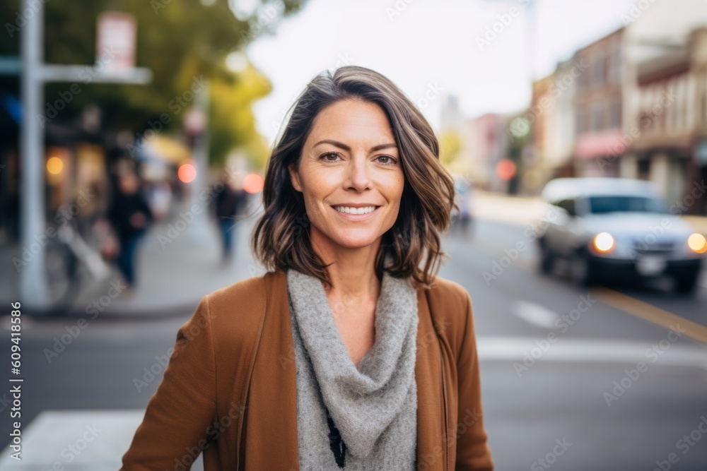 Portrait of a beautiful middle aged woman smiling at the camera while standing on a city street Portrait of a beautiful middle aged woman smiling at the camera while standing on a city street
