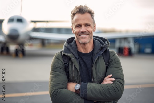 Portrait of handsome man standing with arms crossed against airplane at airport