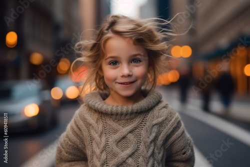 Portrait of a cute little girl with blond hair in the city. © Robert MEYNER