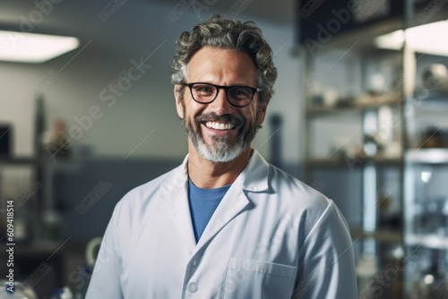 Portrait of smiling senior male scientist in lab coat and eyeglasses looking at camera
