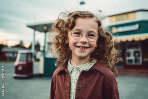 portrait of little girl with curly hair in eyeglasses at gas station