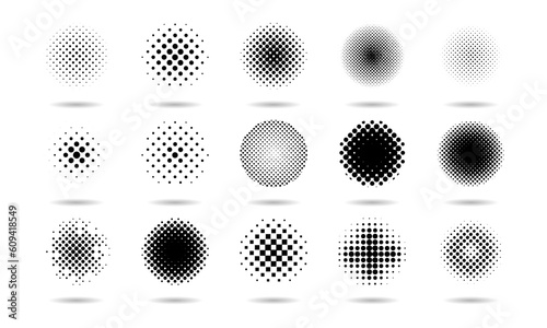 Dot circles. Half tone gradient pattern. Round abstract isolated elements with point effect. Fade image. Graphic spray textures set. Geometric grunge dotted spots. Vector black background