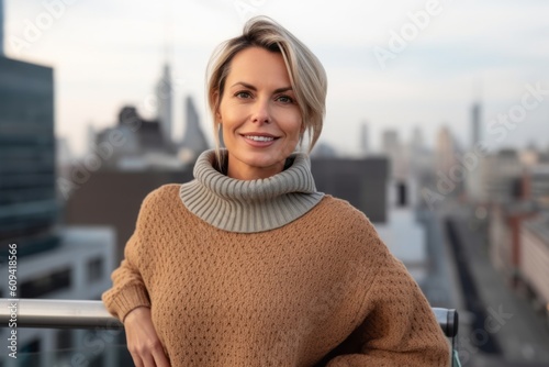Portrait of a beautiful blond woman in a beige sweater on the roof of a skyscraper