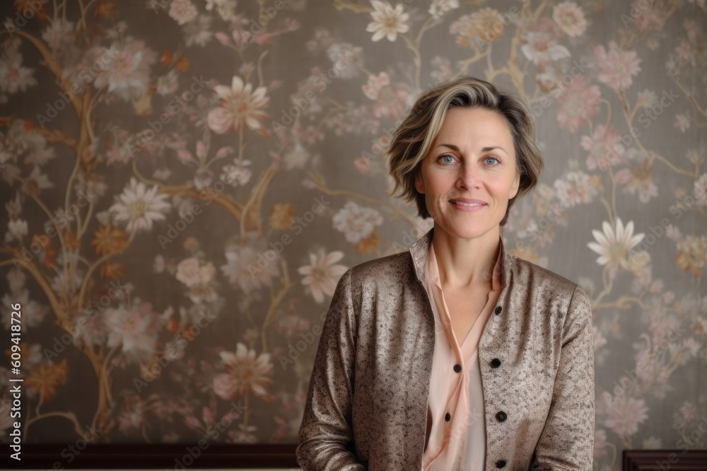 Fototapeta premium Portrait of a beautiful middle-aged woman with short hair in a vintage interior