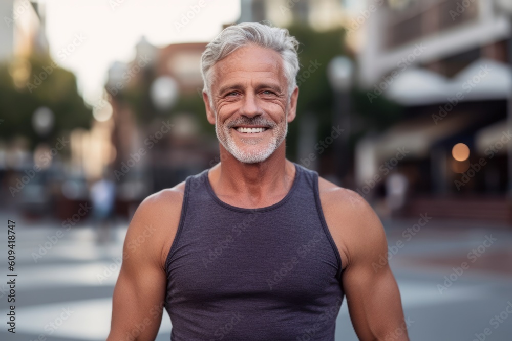 Portrait of smiling senior man standing on street during obstacle course in city Portrait of smiling senior man standing on street during obstacle course in city