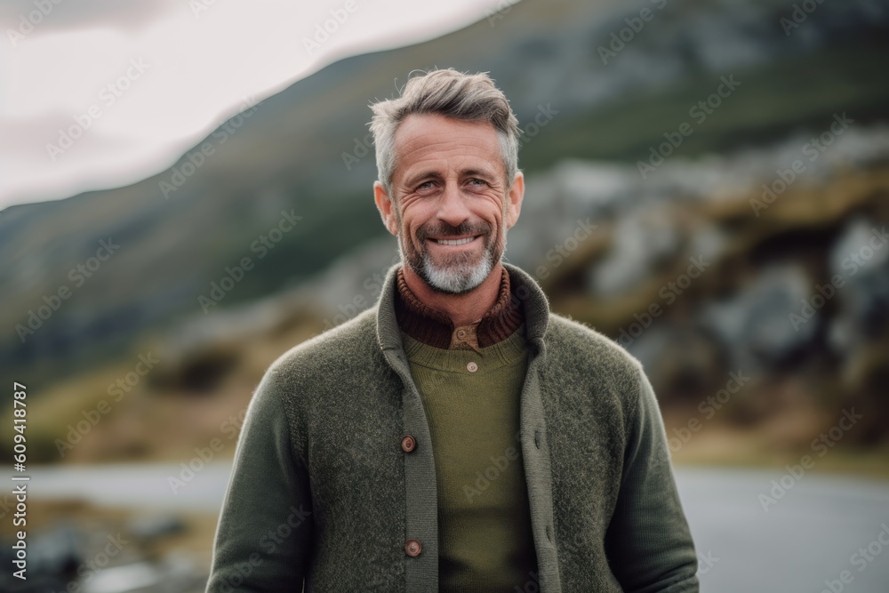 Portrait of a smiling senior man standing outdoors in the countryside.