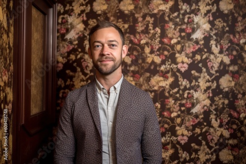 Portrait of a handsome young man in a room with vintage wallpaper