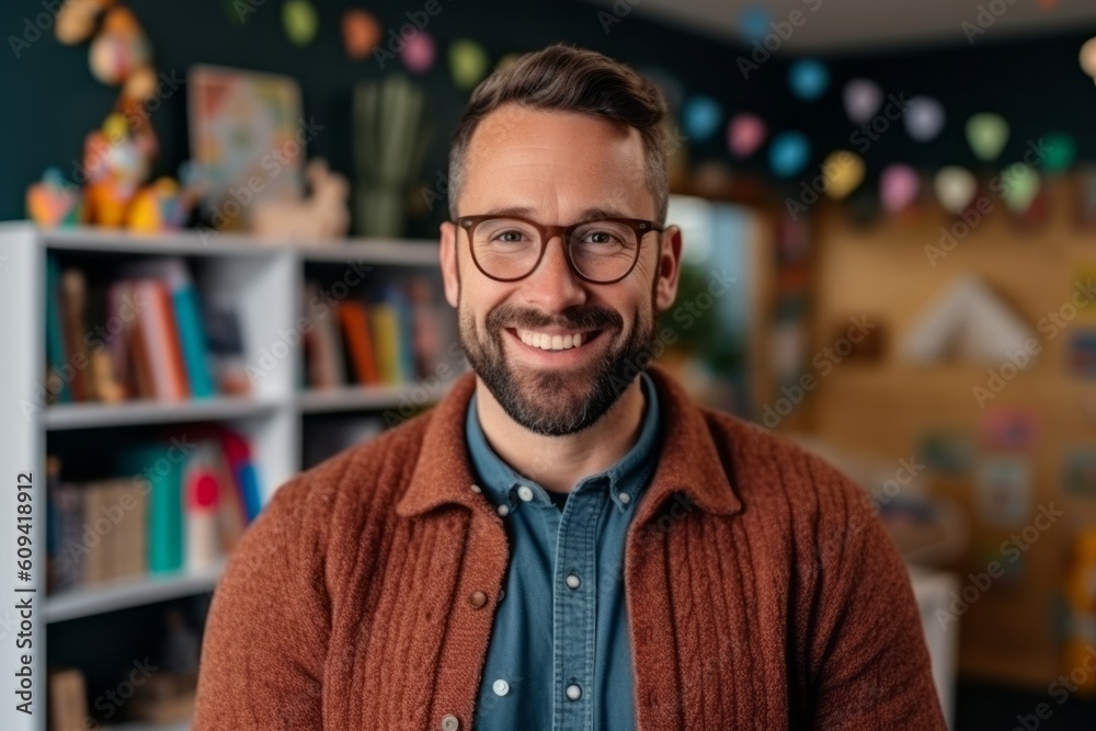 Portrait of a smiling young man with eyeglasses in his office