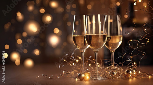 Glasses of champagne against bokeh lights background. New Year celebration. Generative AI
