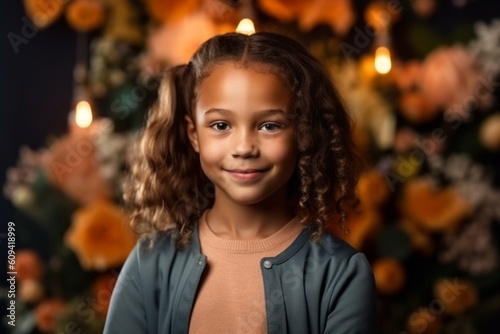 smiling little girl looking at camera on christmas tree lights background