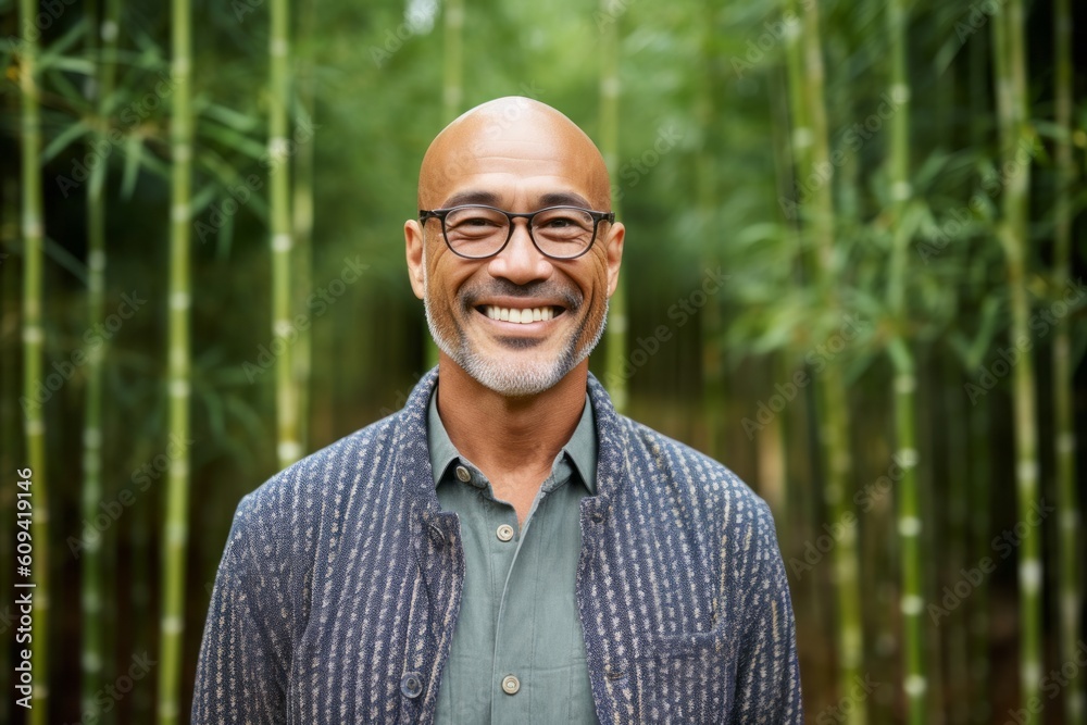 Medium shot portrait photography of a grinning man in his 50s that is wearing a chic cardigan against a bamboo forest background . Generative AI
