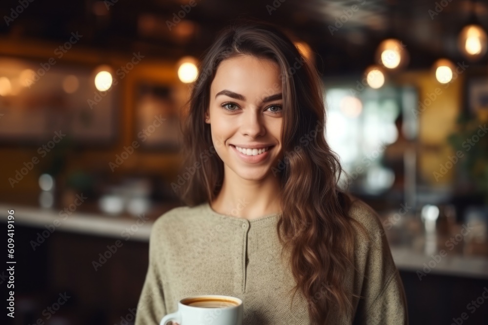 Portrait of a smiling young woman holding cup of coffee in cafe Portrait of a smiling young woman holding cup of coffee in cafe