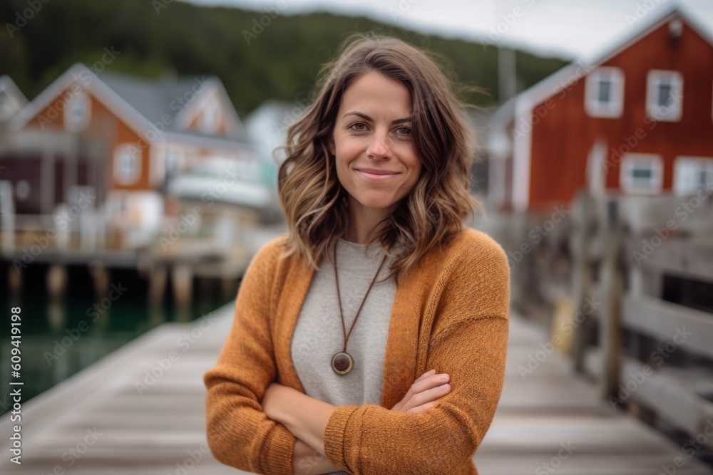 Medium shot portrait photography of a satisfied woman in her 30s that is wearing a chic cardigan against a fishing village or dock background . Generative AI
