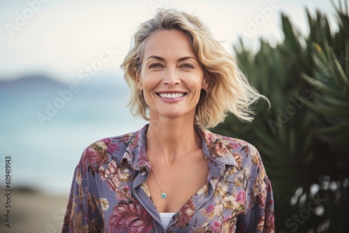 Portrait of smiling woman standing on the beach on a sunny day