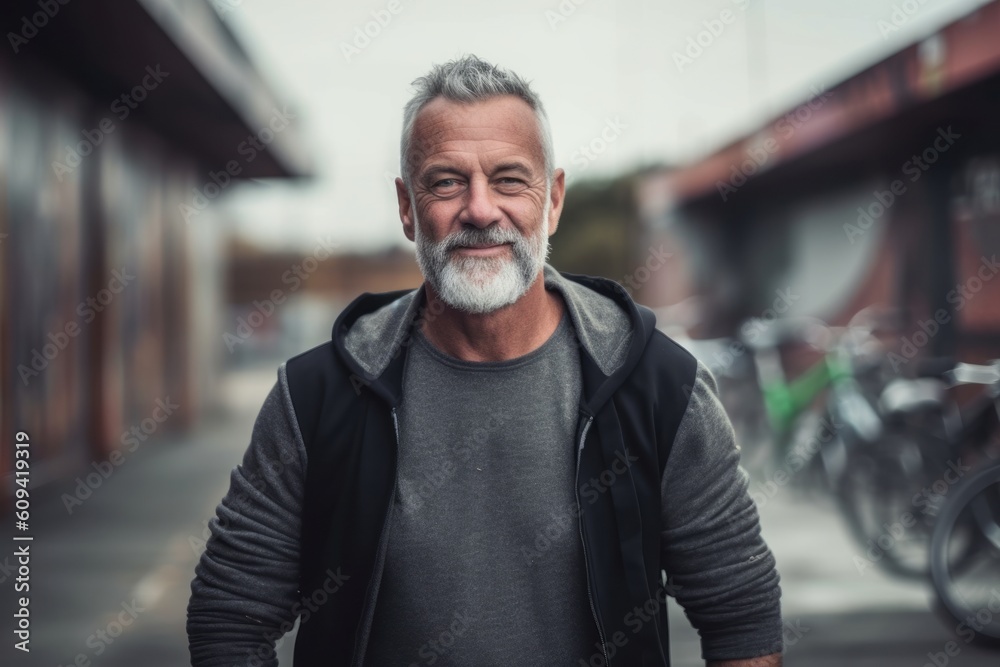 Portrait of a handsome mature man with grey hair wearing sportswear outdoors Portrait of a handsome mature man with grey hair wearing sportswear outdoors