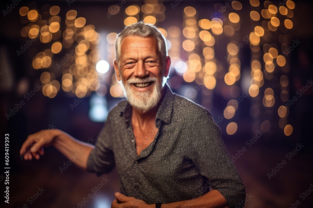 Portrait of a happy senior man dancing at night club with lights on background. Portrait of a happy senior man dancing at night club with lights on background.