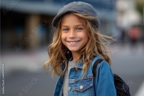 Closeup portrait of a cute little girl with blond hair wearing a hat and backpack © Hanne Bauer