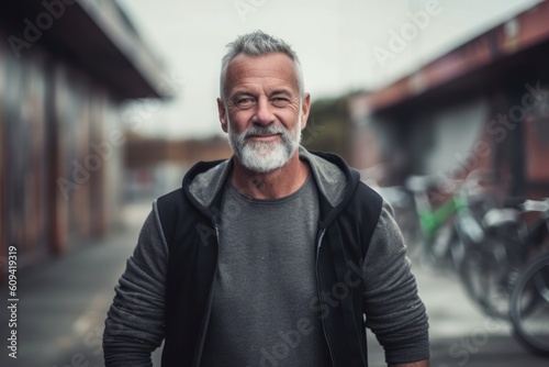 Portrait of a handsome mature man with grey hair wearing sportswear outdoors