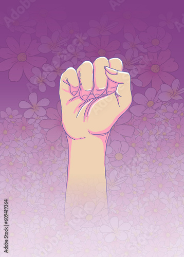woman's hand, clenched fist, flower background, color illustration