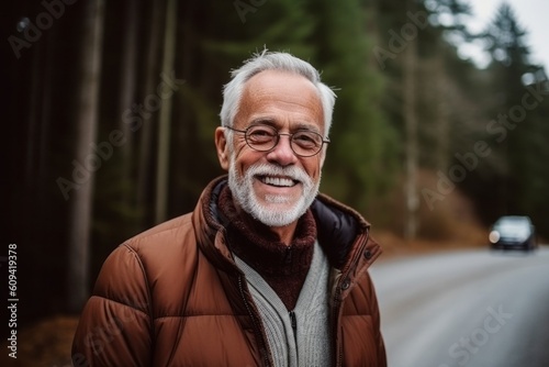 Portrait of senior man with eyeglasses standing on road in forest