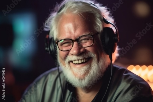 Portrait of cheerful senior man in headphones listening to music in night club © Hanne Bauer