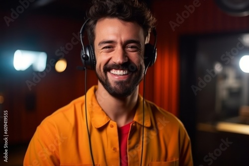 Portrait of a handsome young man with headphones listening to music in a nightclub