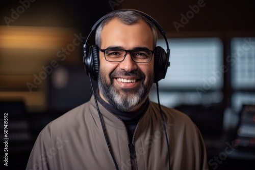 Portrait of a mature man with headphones in a recording studio. © Hanne Bauer