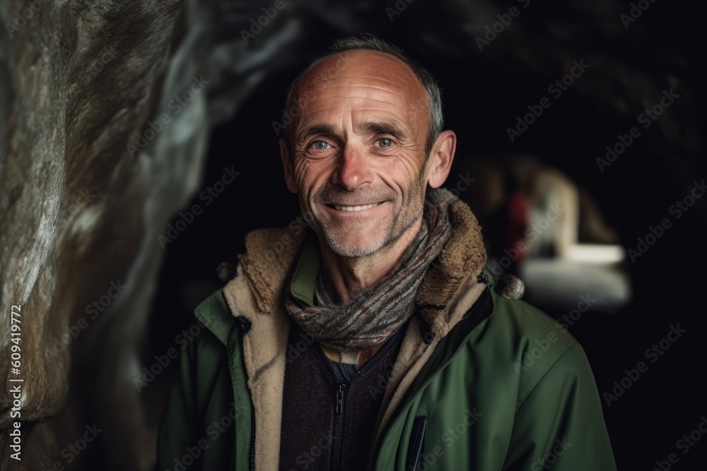 Portrait of a smiling senior man standing in an underground mine.