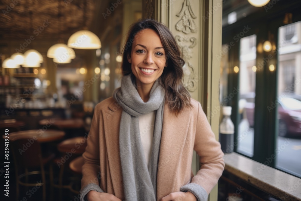 Medium shot portrait photography of a pleased woman in her 30s that is wearing a chic cardigan against a parisian or european cafe background . Generative AI Medium shot portrait photography of a pleased woman in her 30s that is wearing a chic cardigan against a parisian or european cafe background . Generative AI
