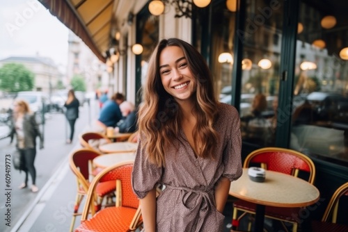 Medium shot portrait photography of a pleased woman in her 20s that is wearing a trendy jumpsuit against a parisian or european cafe background . Generative AI