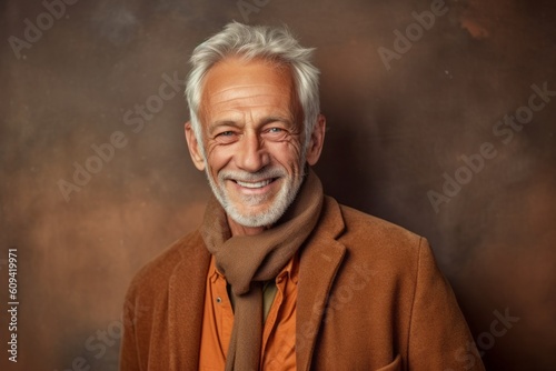 Smiling senior man with grey hair wearing a brown coat and scarf.